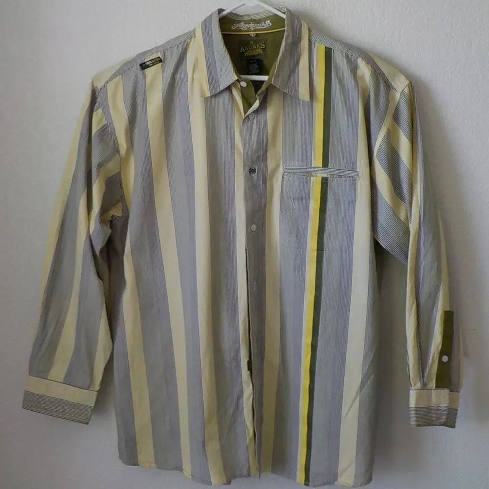 Akademiks Green Yellow Striped Button Up Shirt Long Sleeve Men size XL Classic